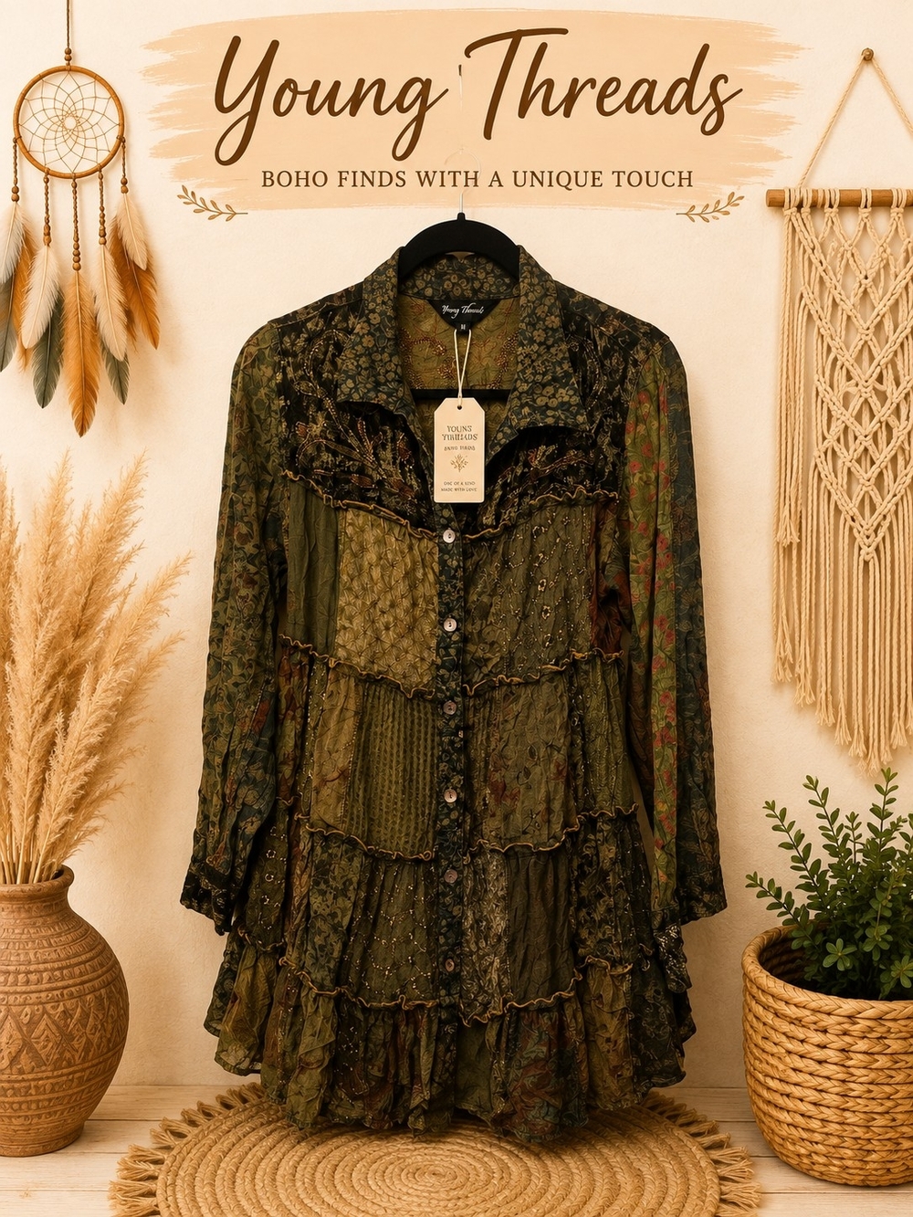 204 Young Threads Olive Green Boho Ruffle Button-Front Tunic Blouse
